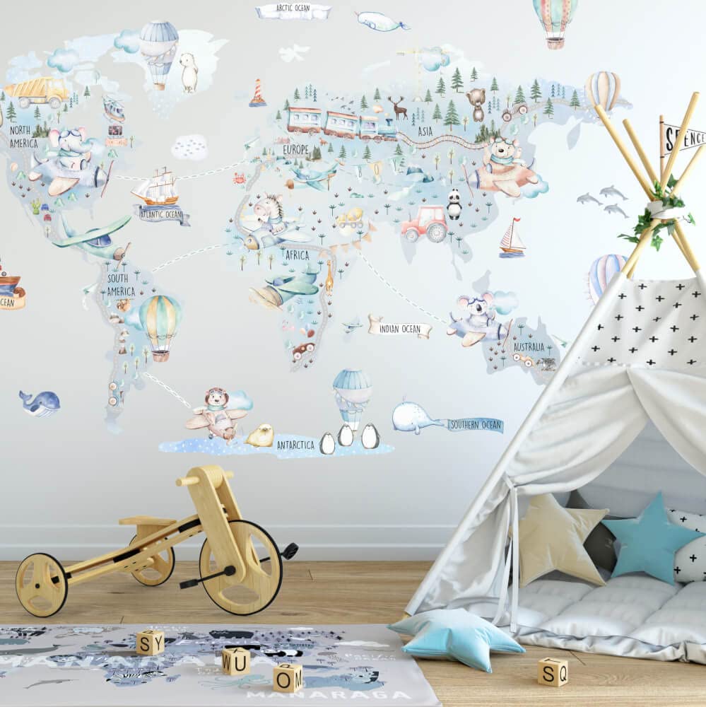 INSPIO Weltkarte Tiere Heißluftballons Zug Flugzeuge Schiffe Wandtattoo Wandsticker Wandaufkleber Wanddeko für Jungenzimmer Kinderzimmer