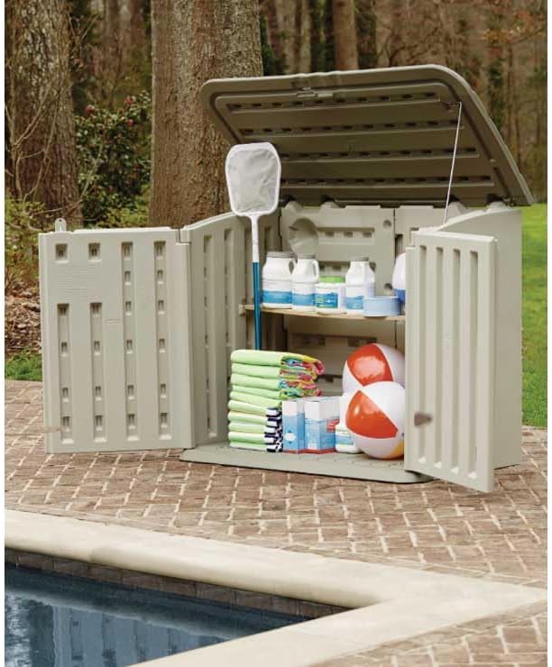 Rubbermaid Large Horizontal Storage Shed, open with dimensions