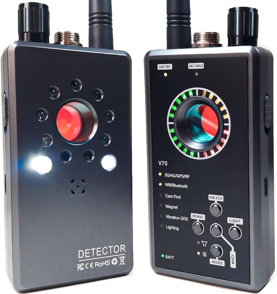 Detector de Microsespías y GPS Spy Detector – Detector de cámaras ocultas profesional con RF WiFi Bluetooth 5G, magnético y vibración – Dispositivo para remediación ambiental (V70)