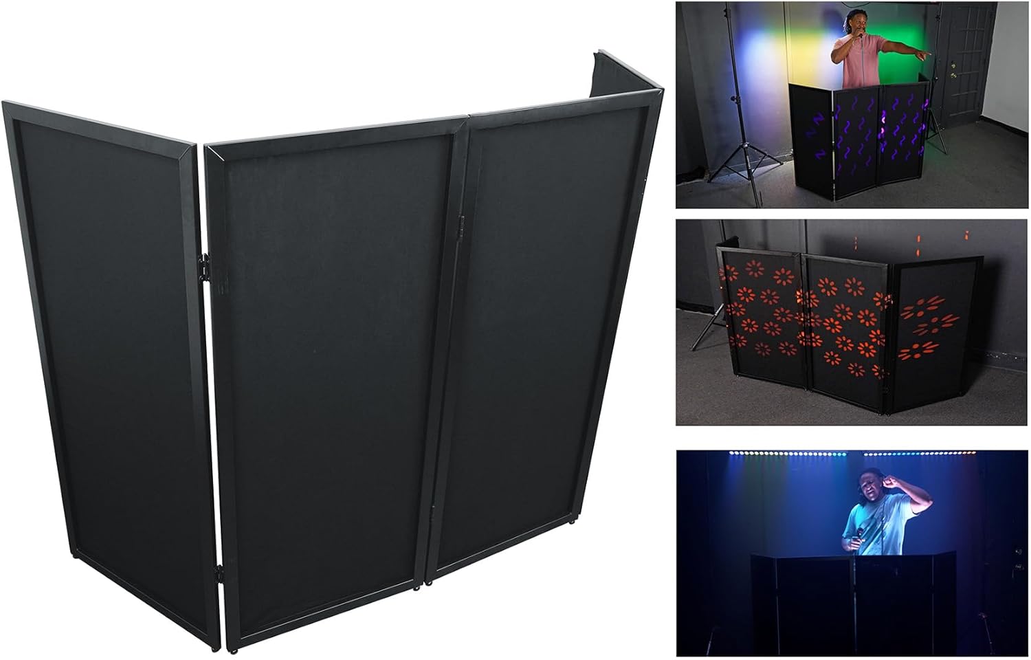 Rockville RFSSB Black DJ Event Facade, 4 Panels, Built-In Scrim, Foldable, Travel Bag, Non-Slip Feet, Steel Frame, Perfect for DJs, Parties & Events