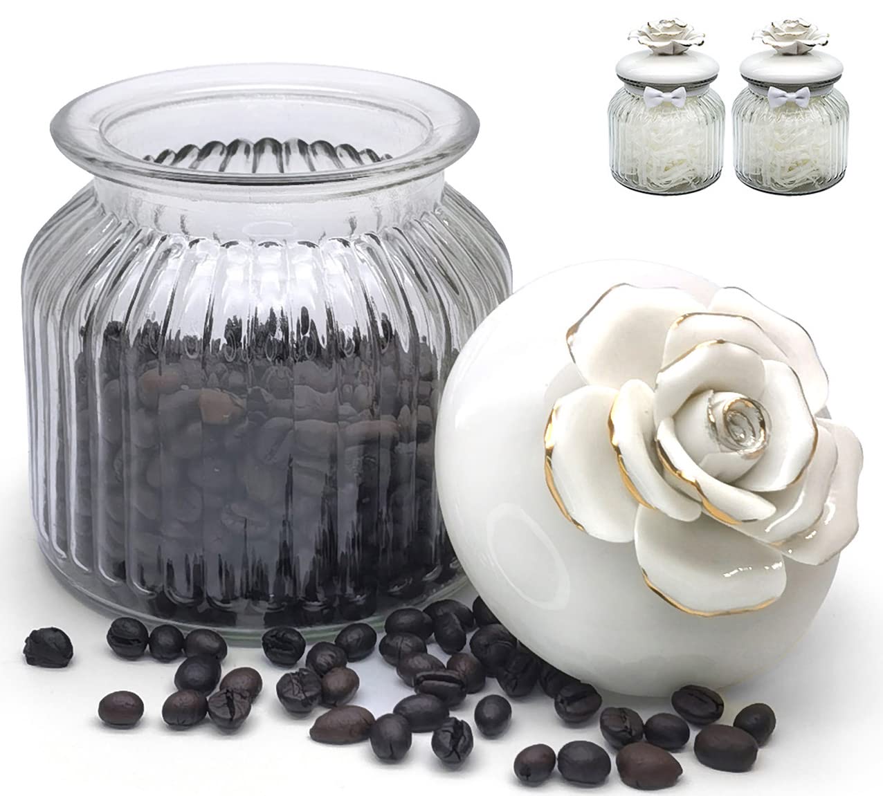 HomeyHoney Glass Candy Jars with Airtight Lids for Candy Buffet, with Handmade Porcelain Flower, Decorative Glass Canisters for kitchen (22 oz, Set of 2, White Rose)