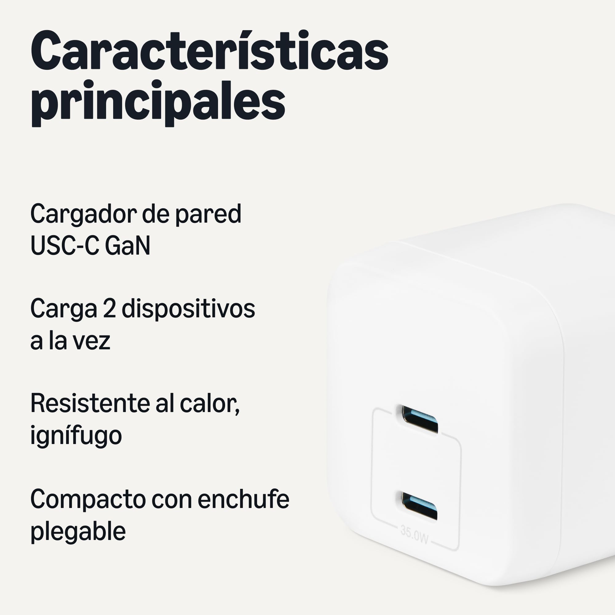 Amazon Basics Cargador de Pared USB-C Nano GaN de Carga Rápida, 35W y 2 Puertos para Tablets y Teléfonos, Blanco - 3