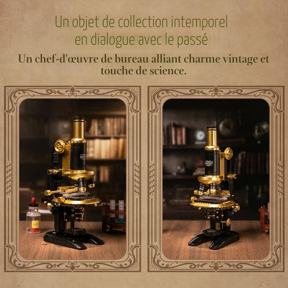 PANTASY Kit de construction de microscope rétro pour adultes, modèle d'instrument scientifique antique avec design mécanique, finition en laiton et accessoires de laboratoire, ensemble de briques de