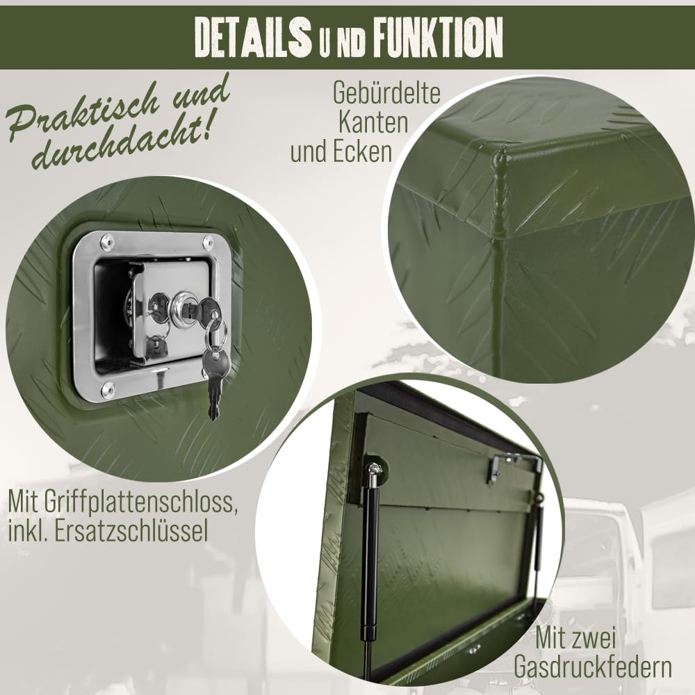 Trucky Deichselbox Grün Werkzeugkasten Truckbox Alu Box Anhänger Kiste mit Deckel Abschließbar Alubox Transportbox Werkzeugbox Aluminium Aufbewahrungsbox D210