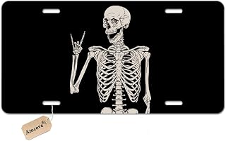 Amcove Skull Human Skeleton License Plate,Human Skeleton Posing Isolated Over Black Background Vanity Metal Novelty License Plate Tag Sign,6 X 12 Inch