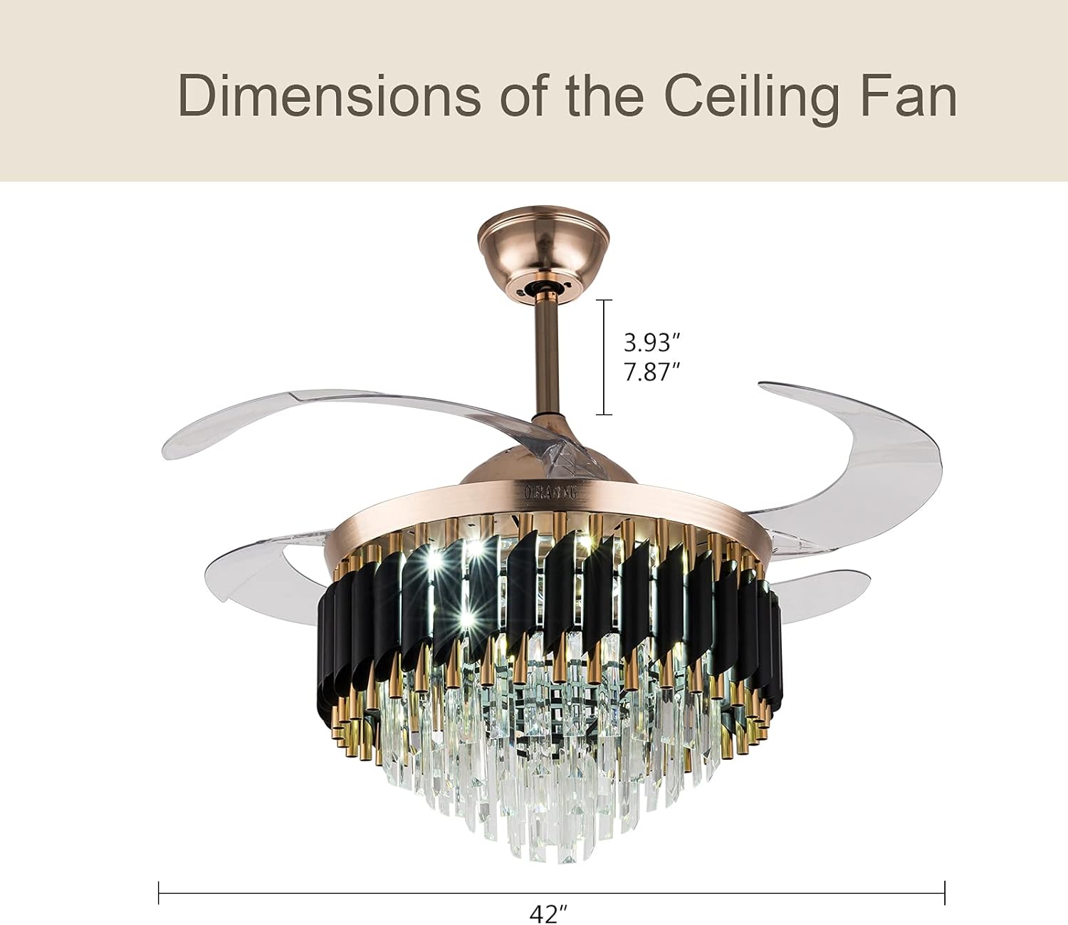 42" Modern Creative Design Chandelier Ceiling Fan with LED Lighting,Crystal Chandelier Fan Gold Retractable Ceiling Fan Light,3 Color Setting,6 Gear Speed,for Living Room Bedroom