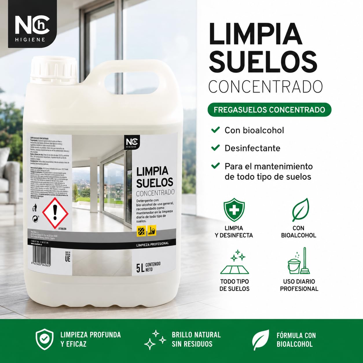ACESA - Fregasuelos Concentrado Bac Benzal-Clean con AMONIOS CUATERNARIOS de uso Profesional y Doméstico. Para todo tipo de Superficies. Formato industrial 5 Litros.