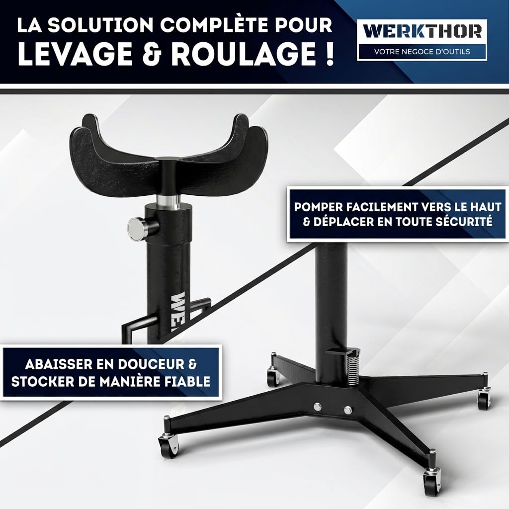 WERKTHOR Vérin de Fosse Hydraulique 500kg Noir | Cric de Fosse Réglable 113–195 cm avec Pédale & 4 Roues | Verin de Fosse Atelier pour Boîte Vitesse, Moteur, Transmission