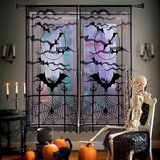 AerWo Halloween Curtains, 2PCS Spider Web Bats Curtains, Black Lace Door...