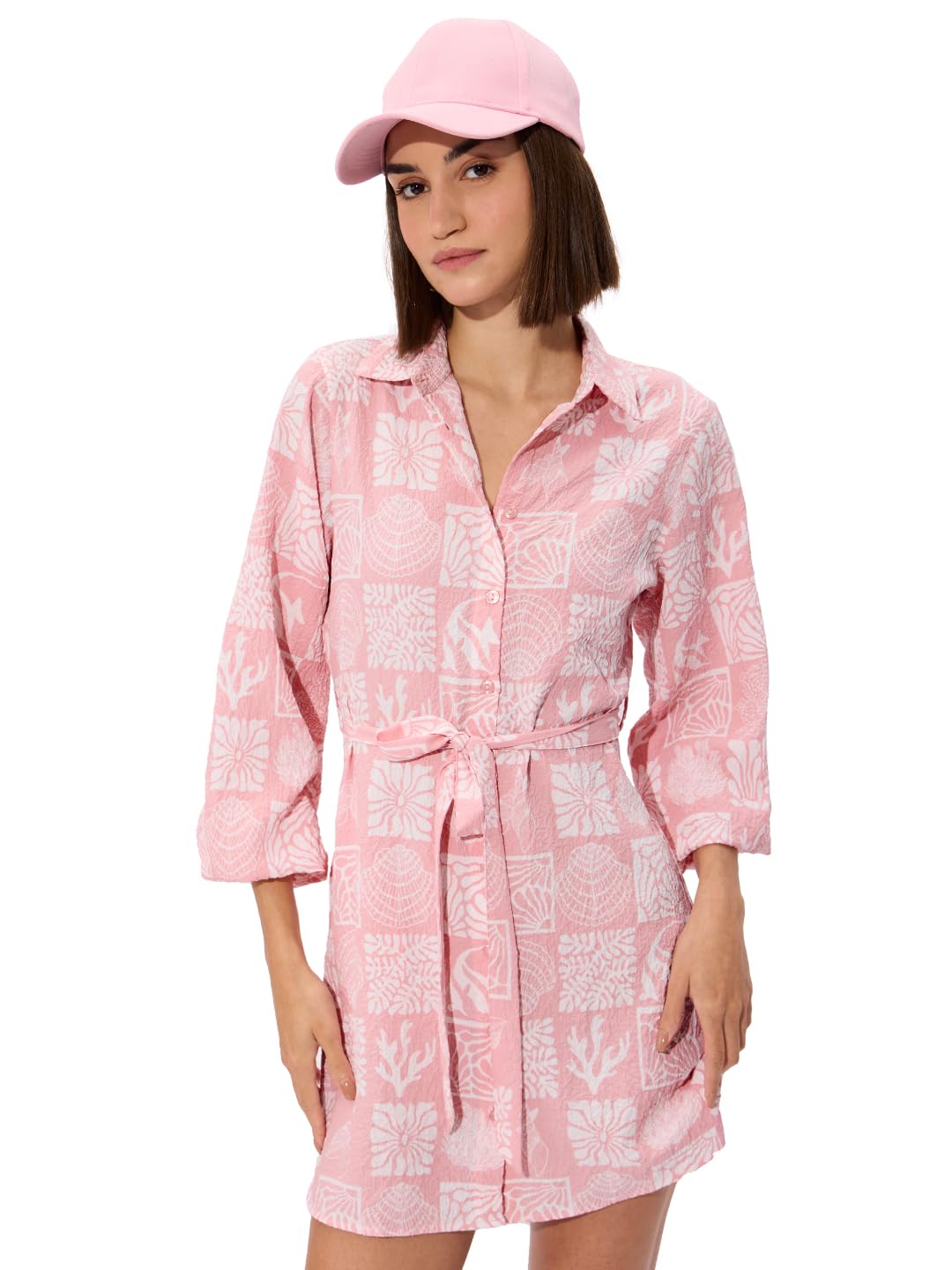 The Souled Store Marina Women and Girls Long Sleeves Collared Neck Button Front Pink All Over Printed Polyester Mini Shirt Dresses in pink
