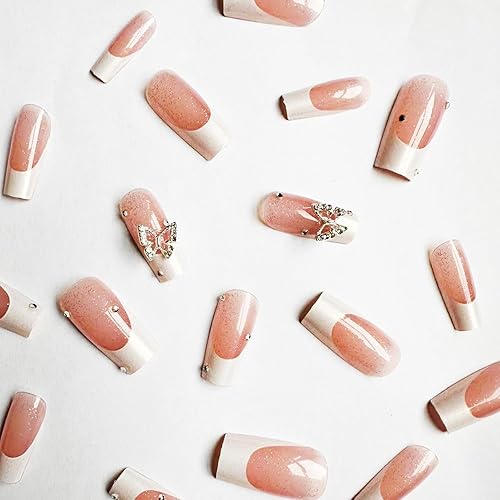 Miniatura 4 de Uñas postizas a presión con punta francesa, uñas postizas largas con diseño de mariposa y diamantes de imitación, uñas acrílicas para mujeres y