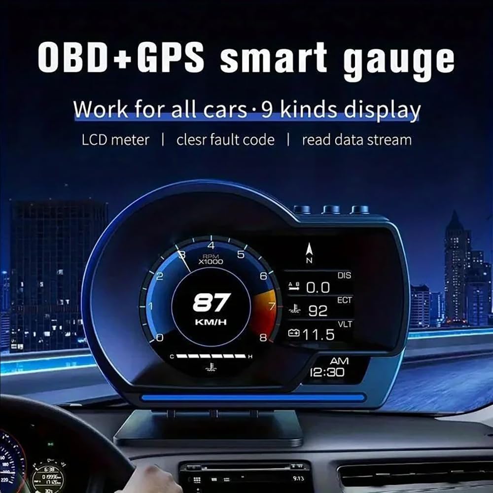 Samochodowy wyświetlacz Heads Up, poziomy wyświetlacz pojazdu, OBD2 + GPS, z regulowanym uchwytem, prędkością, prędkością obrotową, wielojęzycznym wyświetlaczem, do wszystkich pojazdów