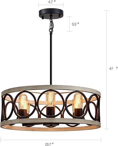 Miniatura 6 de Moderno candelabro de tambor de granja con acabado de abedul blanco y negro, 6 luces redondas de metal rústico vintage para cocina, comedor, sala de