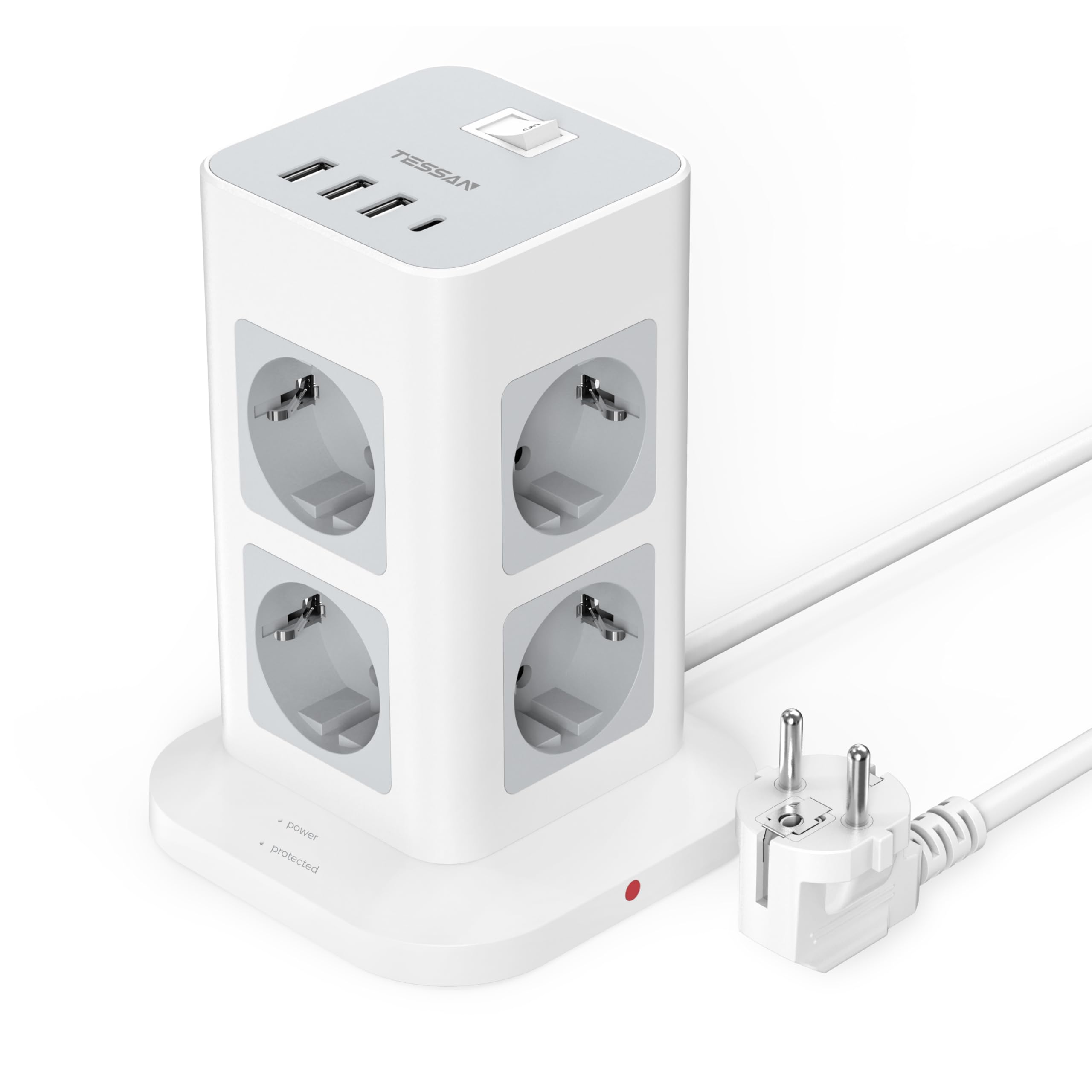TESSAN 8 Fach Mehrfachsteckdose mit USB C, Steckdosenleiste Überspannungsschutz mit 4 USB, Mehrfachstecker Steckdosenturm mit Schalter, Verlängerungskabel 2M für Zuhause, 3600W