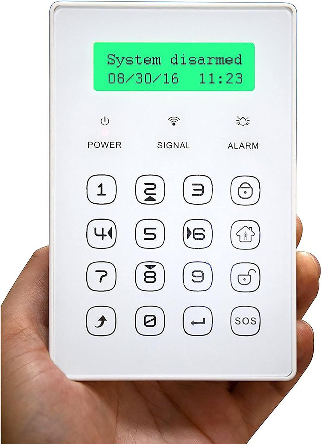 Wolf-Guard JP-08 Wireless Keypad held in a hand, demonstrating its compact size.