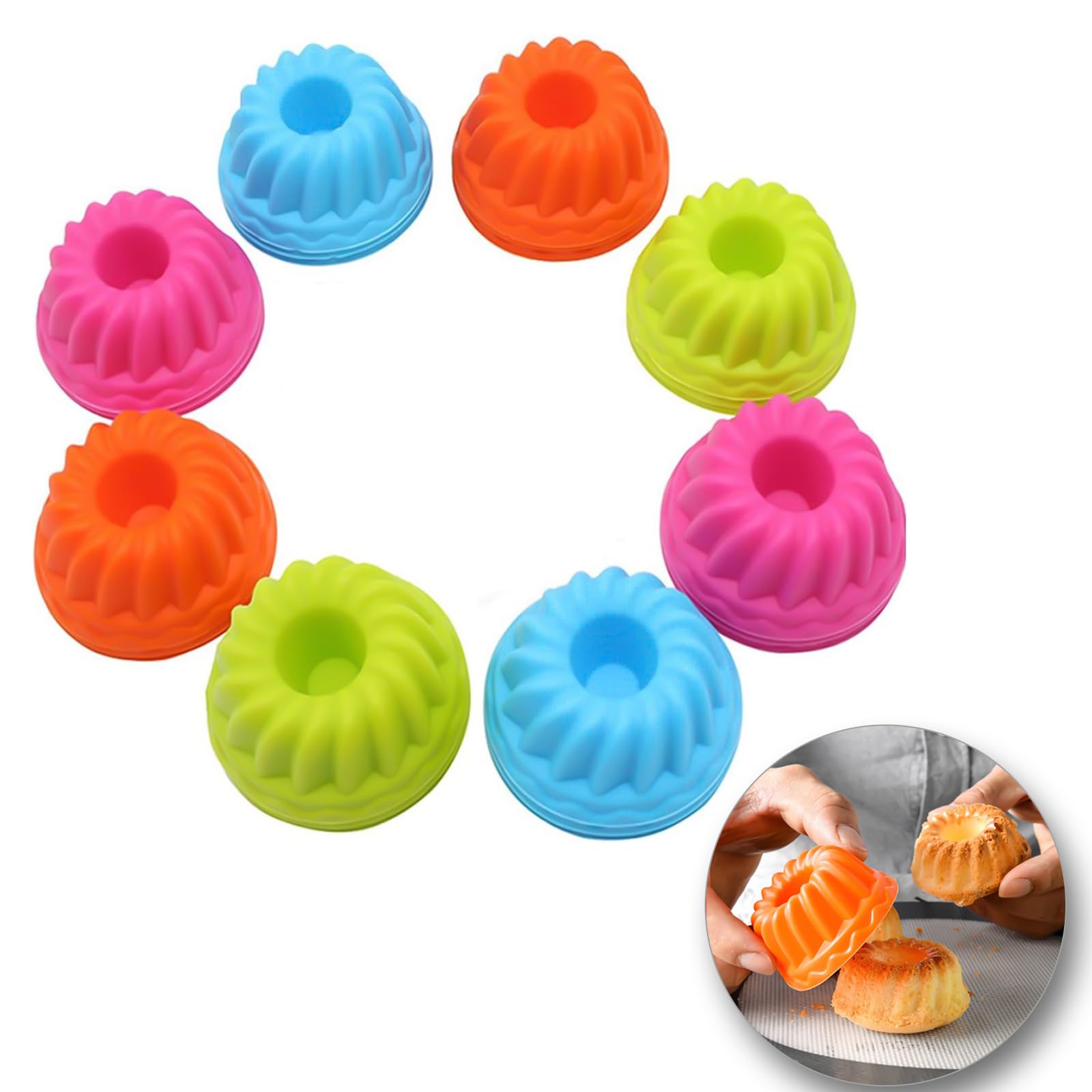 PRECORN Siliconen mini tulbandvorm - set van 24 hittebestendige bakvormen, herbruikbare muffinvormpjes, cupcake, kleine cakevorm. 6,5 cm, geschikt voor levensmiddelen, BPA-vrij 8 kleuren