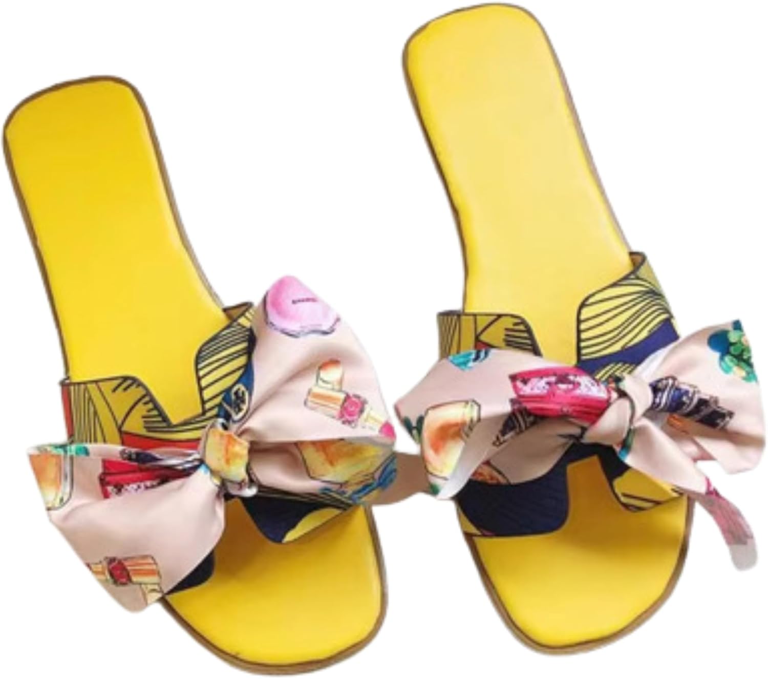 Fashion Women’s Sandals with Decorative Bow Knot, Yellow and Pink Floral Print, Trendy Slip-On Design