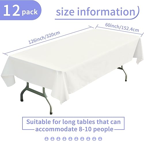Miniatura 48 de BIGTONE Paquete de 12 manteles rectangulares blancos de 60 x 102 pulgadas, embalaje de cinta cruzada reutilizable para mesas de 6 pies, mantel