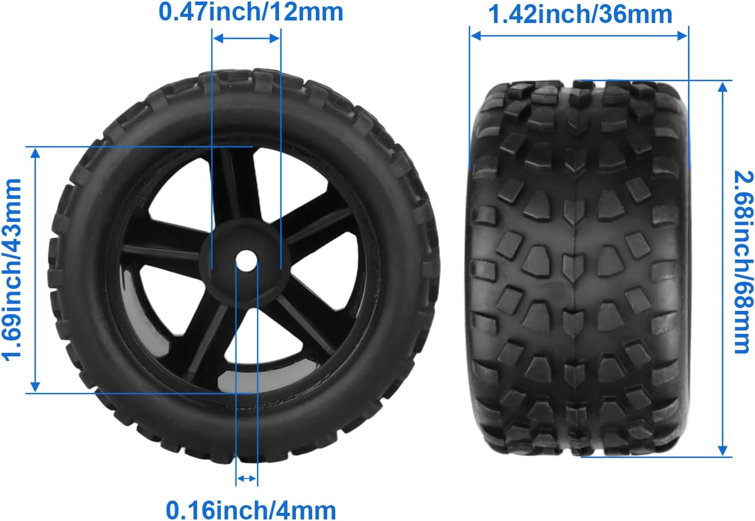 Pre-Glued 12mm Hex 1/18 Scale RC Monster Truck Tires and Wheels Compatible with Traxxas Latrax Teton 4WD