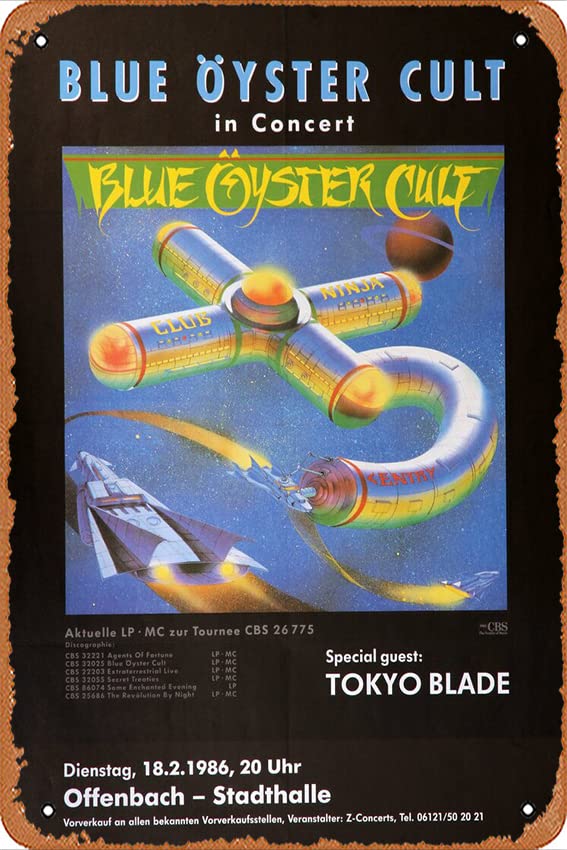 Blue Öyster Cult, Frankfurt 1986 Poster tin Metal Sign Retro Wall Decor for Home Cafes Office Store Pubs Club Sign Gift 12 X 8 INCH