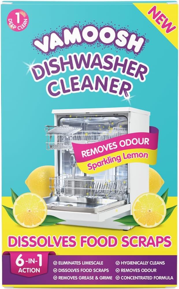 Vamoosh Dishwasher Cleaner and Descaler (1 Clean) New Formula Dissolves Food Scraps Dirt and Grime - Removes Limescale and Bad Odours - Fresh Lemon Scent - Dishwasher Cleaner Deep Cleaning Power