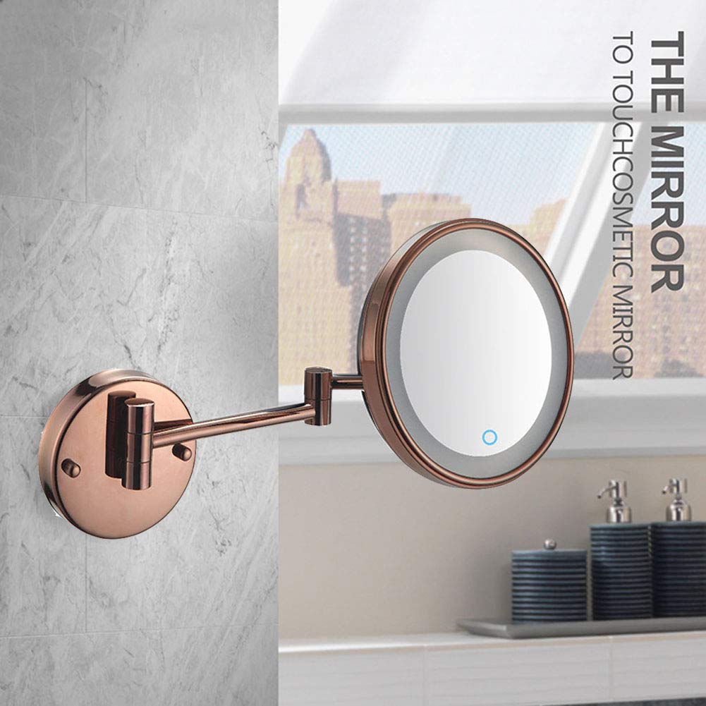 Espejo de maquillaje montado en la pared con Luces LDE, Espejo de baño de pared con lupa, pantalla táctil, giratorio de 360 grados, brazo extensible, Redondo, para baño (Oro Rosa 3X)