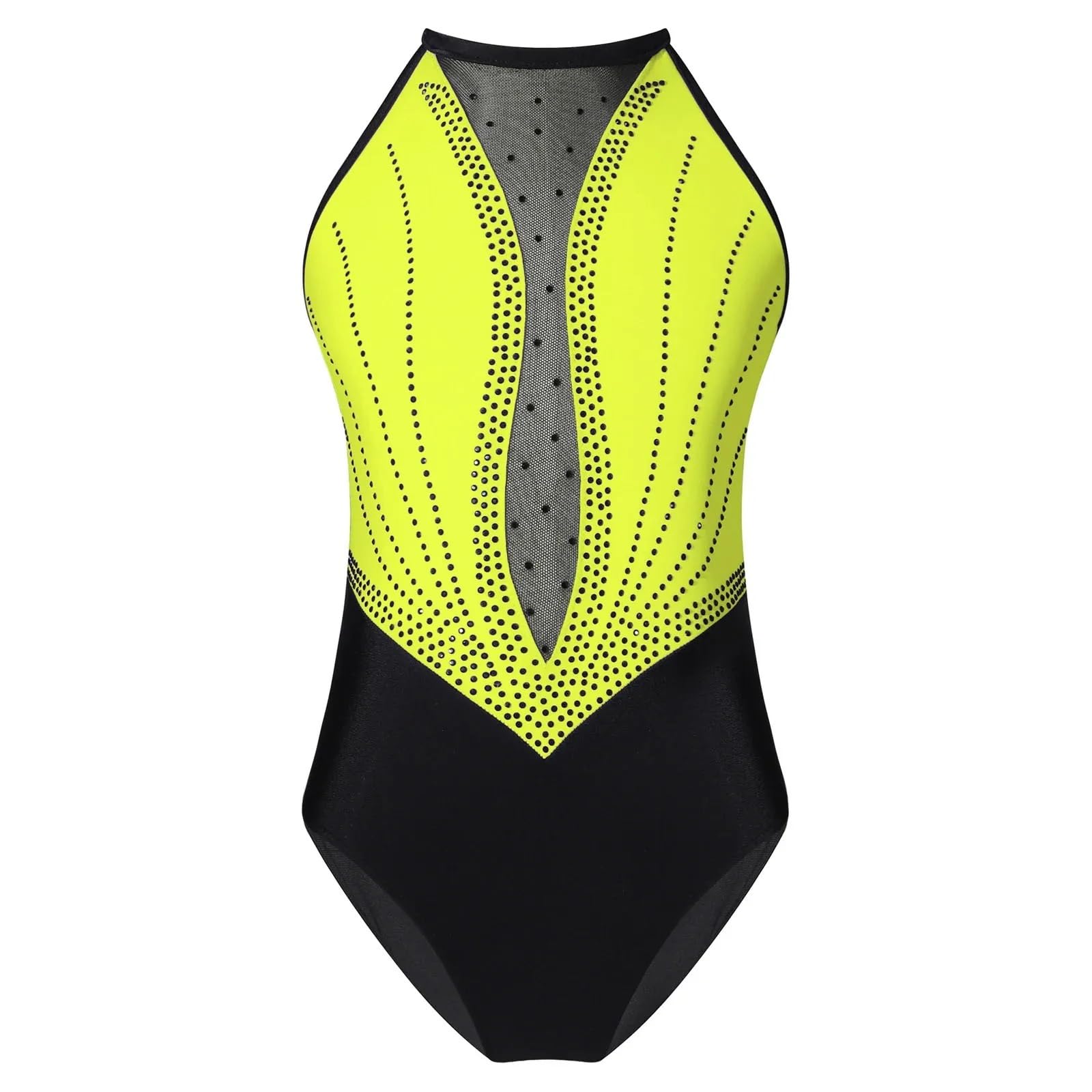 Gymnastikanzug Mädchen Ballettanzug for Mädchen, mit Strasssteinen, Netzstoff, Patchwork, Bodysuit, ausgefallene Eiskunstlauf-, Rhythmische Gymnastik- und Sportbekleidung(Yellow,8)