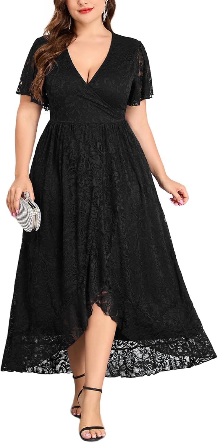 ZOMVA Plus Size Floral Lace Dress Wrap V Neck High Low Ruffle Sleeve Evening Gown Formal Dresses Wedding Guests Cocktail
