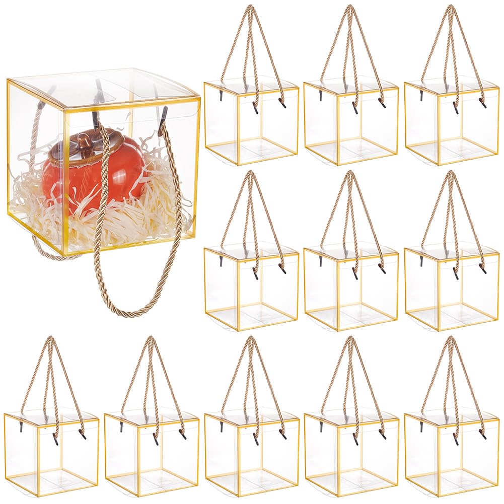 BENECREAT 20 Sets Transparent Favor Boxes, 12x12x12cm/4.7x4.7x4.7 Inch Treat Gift Boxes with Goldenrod Border Lace and Handle for Party Favors, Christmas Party Gift Packaging