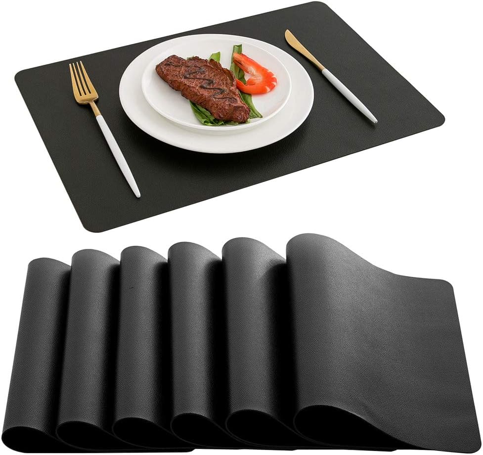 DOLOPL Black Placemats Set of 6, Faux Leather Heat Resistant Table Placemat for Dining Table Protection, Waterproof Wipeable & Washable Kitchen Table Mats for Everyday Dining,Party,BBQ,Holiday