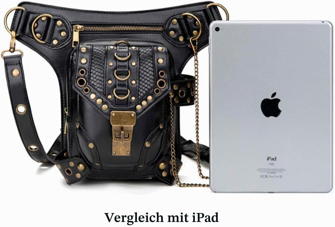 Leder Vintage Schultertasche, Steampunk Punk Handtasche, Leder Taille Packs Bag, Beintasche Gothic, Schwarz,