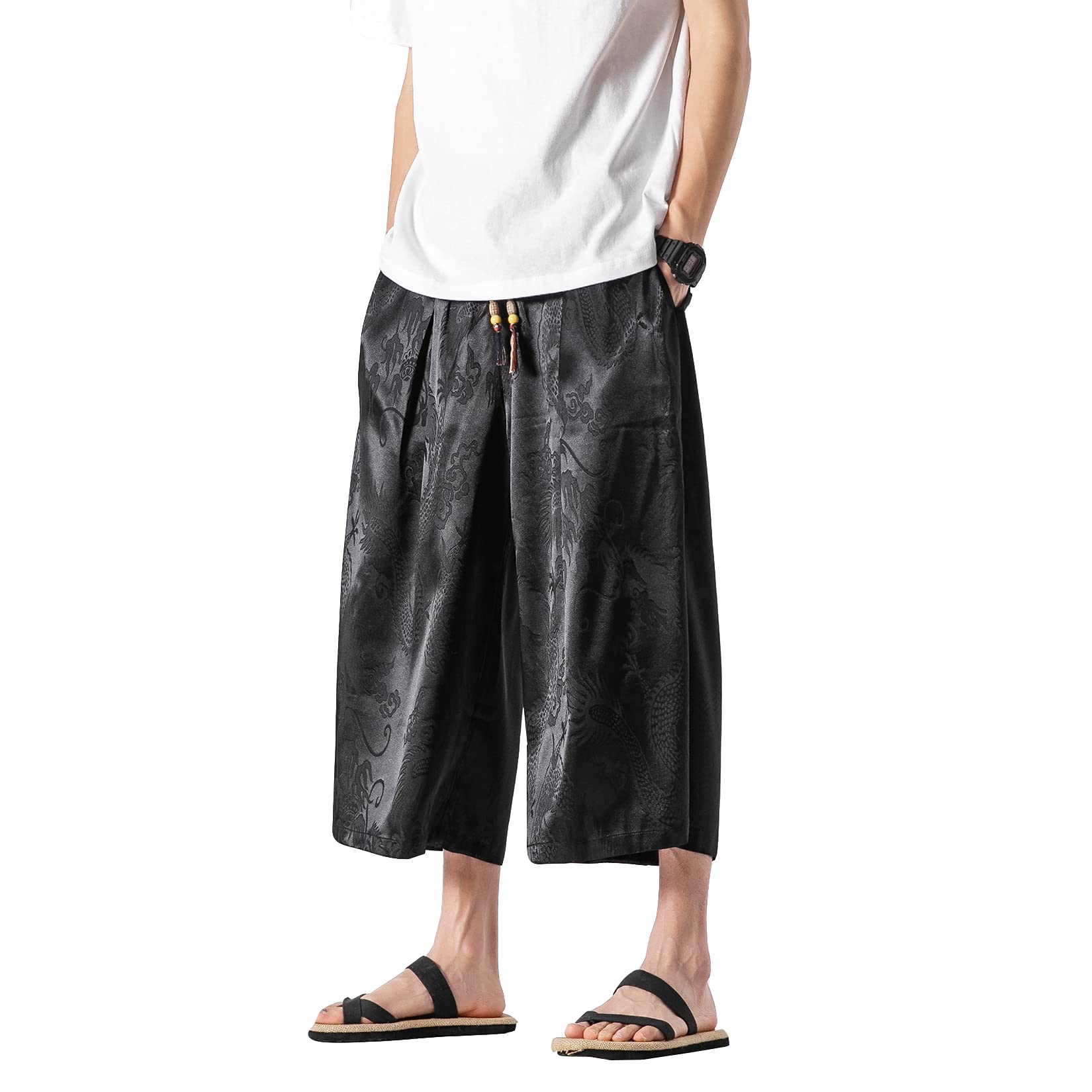 DOSLAVIDA Men's Linen Harem Capri Pants Loose Fit Yoga Beach Shorts Elastic Waist Wide Leg Baggy Cropped Trousers