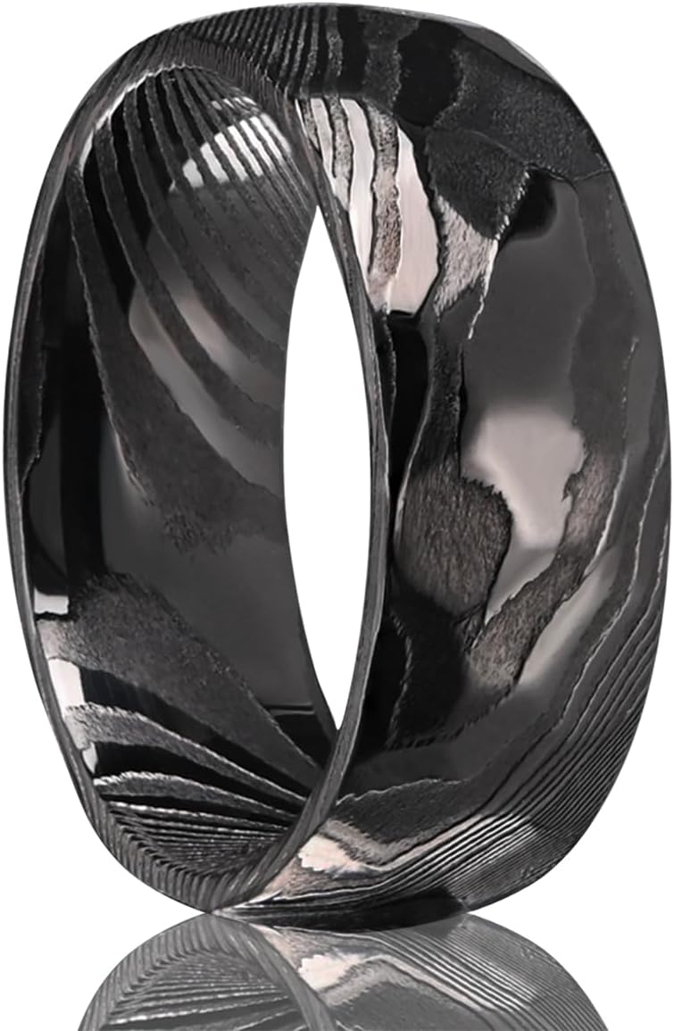 Golden/Black Damascus Steel Rings for Men Women 8mm Men's Wedding Bands Classic Fashion Comfortable Fit Suitable for Couples Dating and Engagement