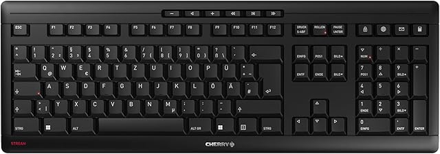 BEZPRZEWODOWA KLAWIATURA CHERRY STREAM, układ niemiecki, klawiatura QWERTZ, klawiatura bezprzewodowa, Blue Angel, aprobata GS, mechanizm nożycowy SX, ciche naciśnięcie klawisza, czarny