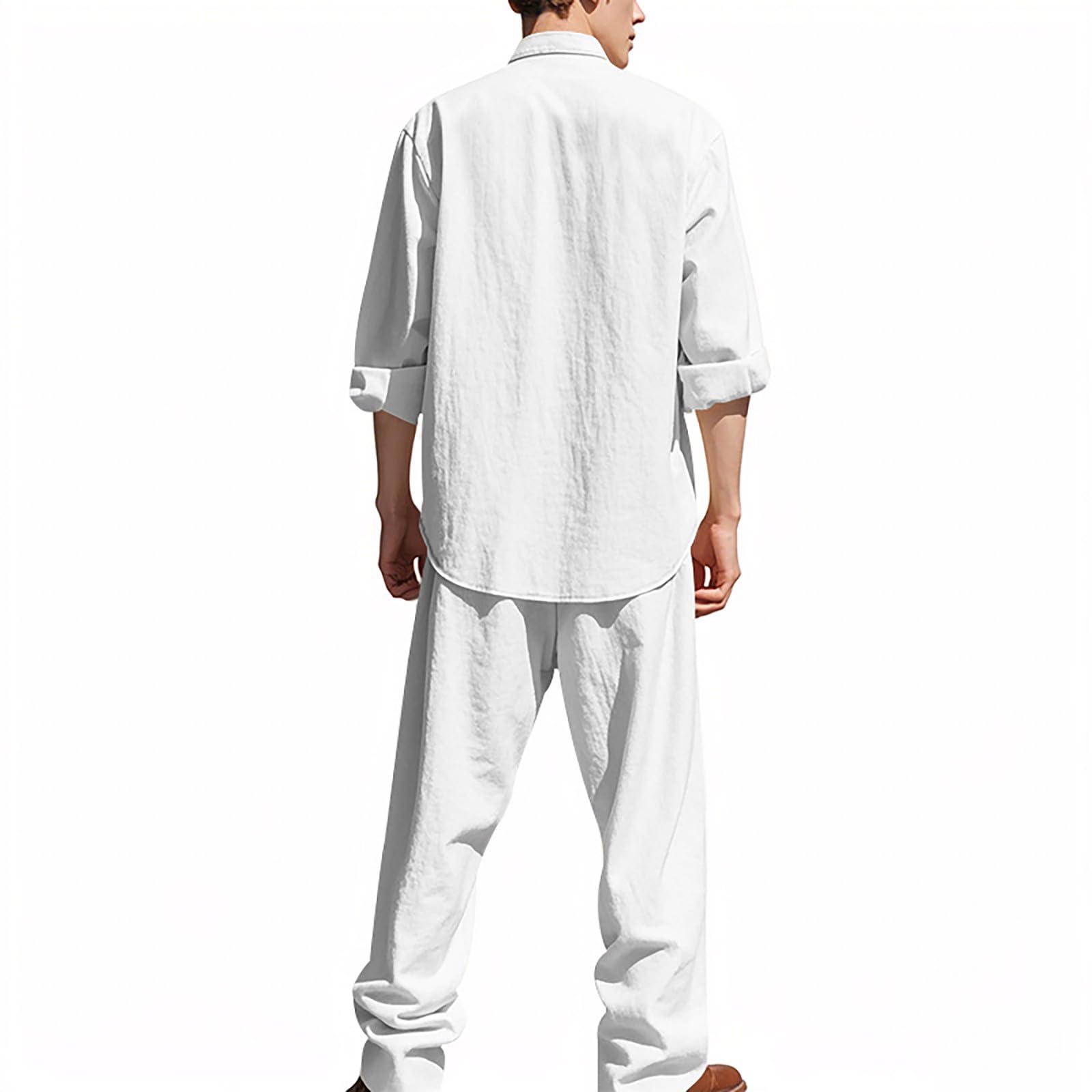 Ensemble 2 pièces en lin pour homme – Chemise boutonnée à manches longues avec pantalon ample à jambes larges, costume de plage léger pour homme, costume doux pour les vacances