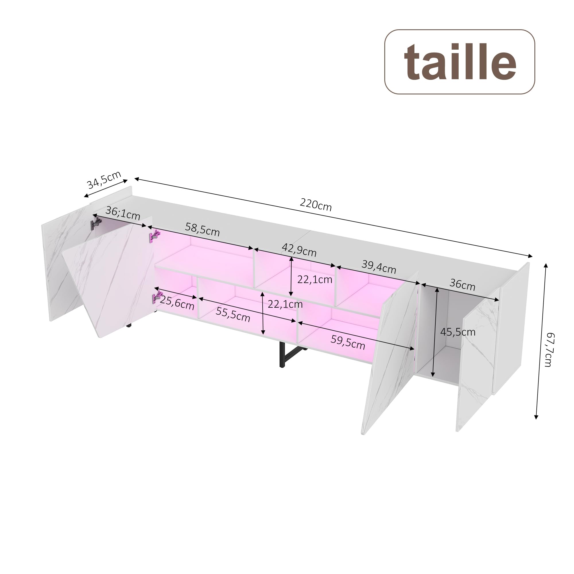 Meuble TV 220 cm avec éclairage LED RGB, Meuble TV Effet marbre avec 4 Portes et étagères Ouvertes, Meuble télévision Moderne avec Pieds en métal pour Salon