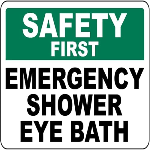 Safety First Emergency Shower Eye Bath Metal Sign - 12 x 12 Inch Funny Tin Sign Retro Wall Decor For Home, Bar, Kitchen, Garage