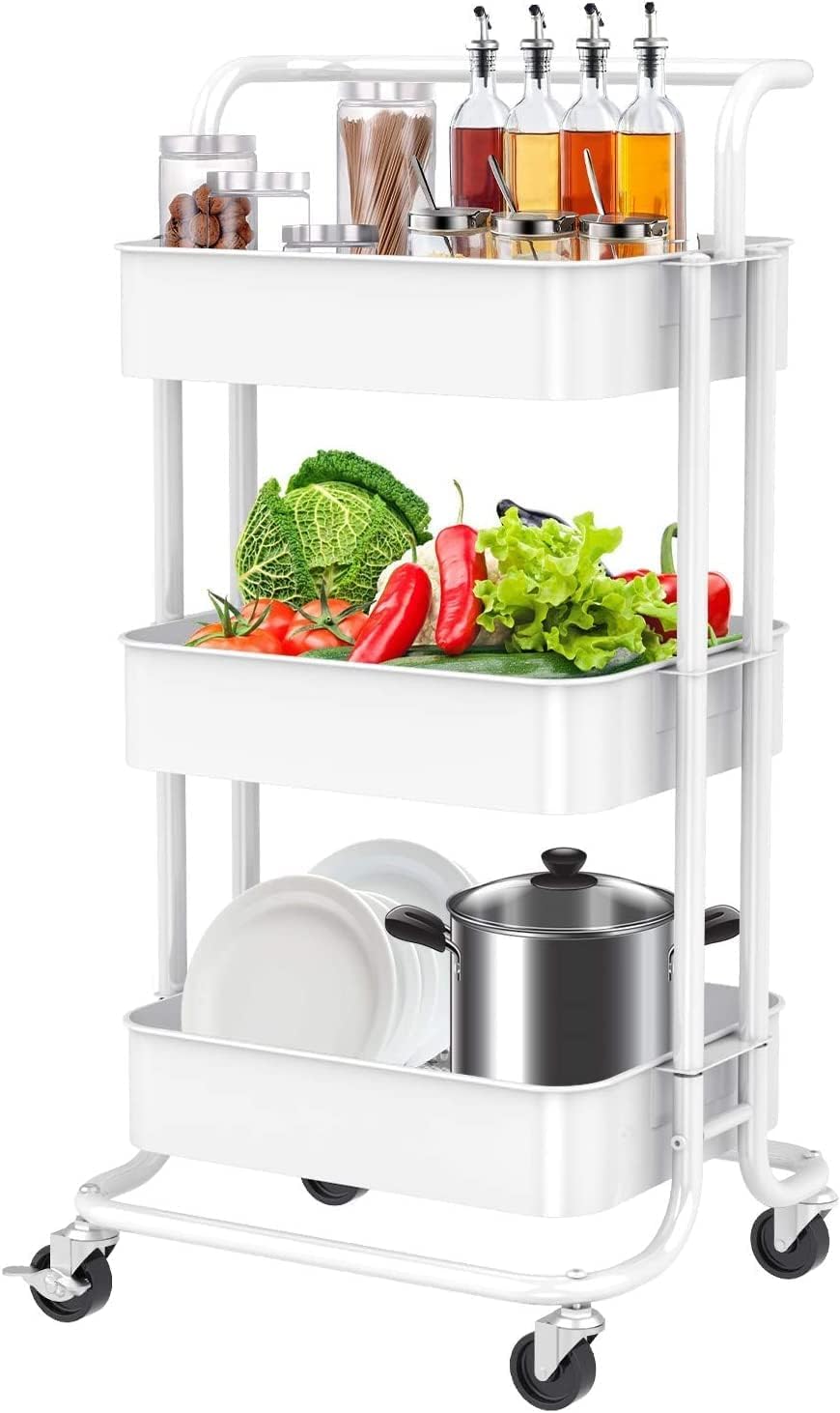 Carrello multiuso a 3 livelli in metallo con maniglia, carrello portaoggetti multifunzionale, per ufficio, soggiorno, cucina, carrelli mobili con ruote (C-bianco)