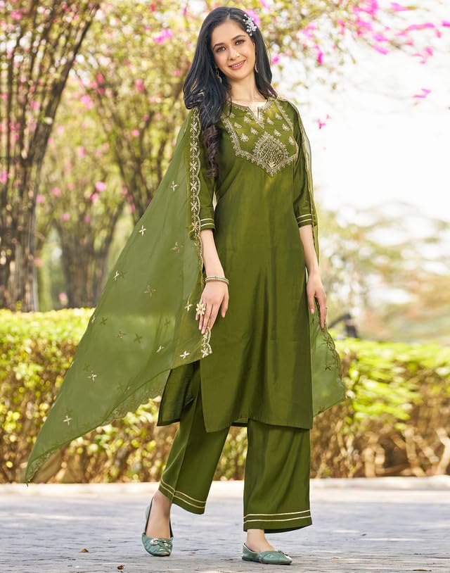 Image of SIRIL Rayon Viscose Suit Set for Women | Sequence Embroidery Kurta with Pant & Dupatta | Straight Kurta Set