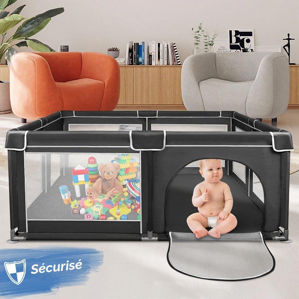 Parc Bébé Modulable,180cm*150cm*66cm Parc Bébé Pliable, Tissu Oxford/Avec sac de rangement/Sûr et confortable, Activités parent-enfant(Gris foncé/Noir) (Noir)