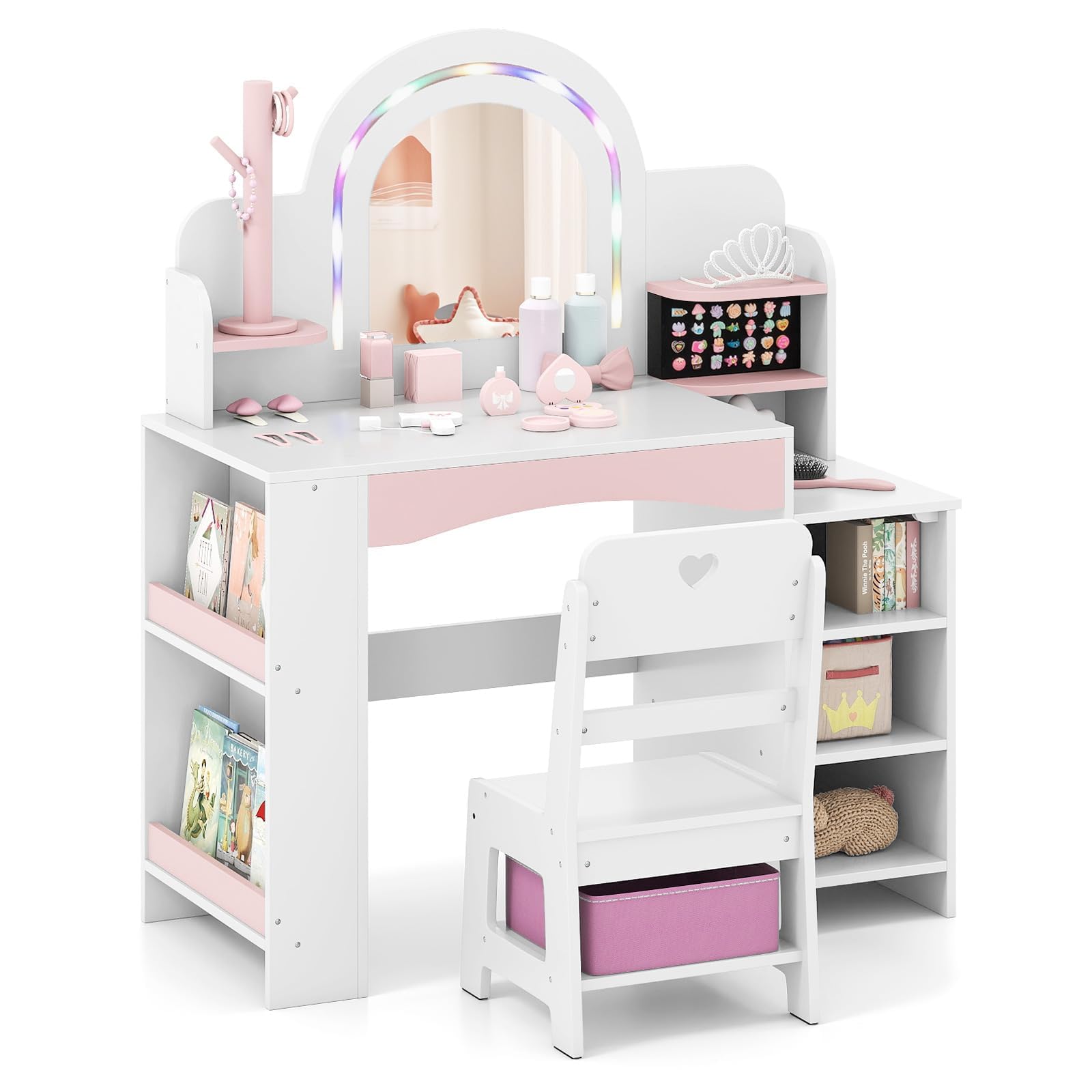 FANTASK 2 in 1 Schminktisch Kinder Set, Schreibtisch Holz mit Buntem Spiegel & Bücherregal, Prinzessin Frisiertisch mit Regalen, Schmuckhalter & Stoffbox, Kosmetiktisch für Mädchen ab 3 Jahren (Weiß)