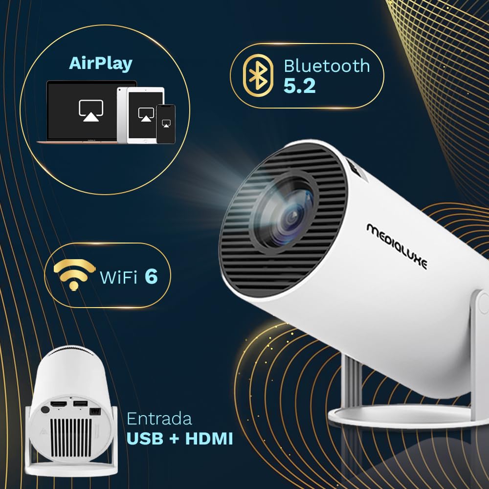 [App Integrada] 2026 Actualizado Proyector Portátil 1920x1080P 4K Soporte Dual Control WiFi 6 BT5.4 180° Rotacion Compatible con HDMI/TV Stick/USB/Laptop, Blanco | HDMI + Bolsa Transporte Incluido