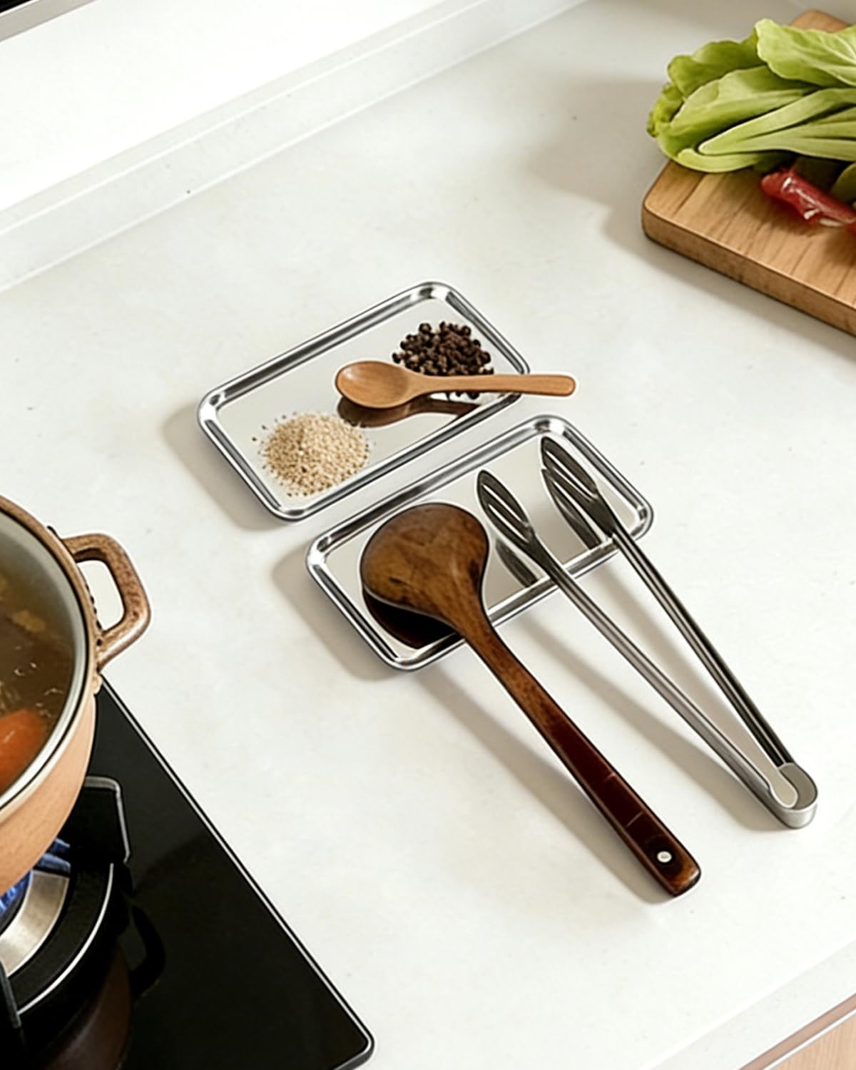 4 Pack Spoon Rest for Stove Top Kitchen Counter Stainless Steel Spoon Rest Coffee Spoon Holder Ladle Cooking Spatula Rest Heat-Resistant Drip Tray Dishwasher Safe Home Cooks Gifts 7.08in. x3.93in. image 2