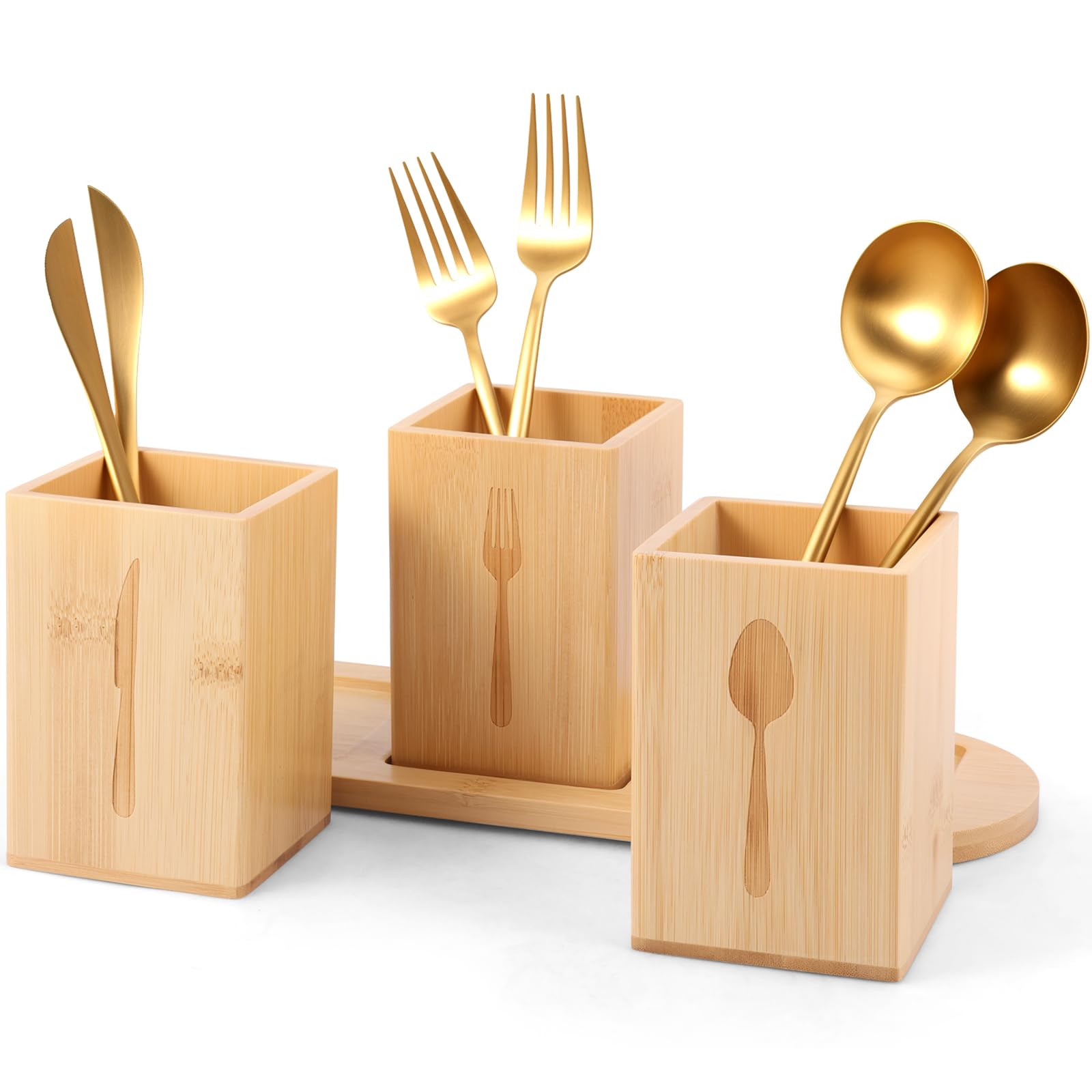 Foppla Log Color 3Pcs Kitchen Utensil Holder,Flatware Caddy With 3 Compartment, Wooden Tray Cutlery For Party,Utensil Holder Containers For Spoons Forks And Knives(Log Color)