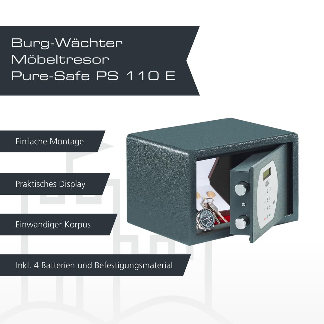 BURG-WÄCHTER Möbeltresor für Hotel mit elektronischem Zahlenschloss, Zur Wand- und Bodenbefestigung, 6,7 l, 7,1 kg, Pure-Safe PS 110 E KA 3, anthrazit
