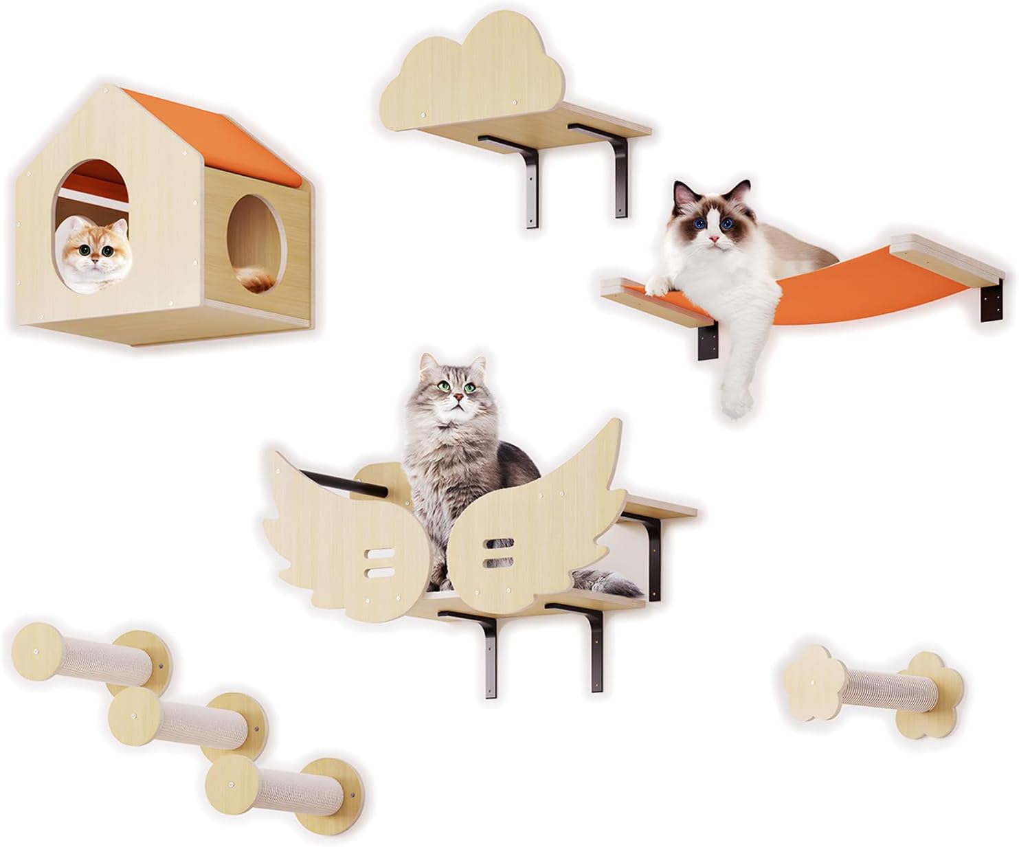 Cat Wall Shelves for Wall, Cat Wall Furniture, Cat Shelves for Wall, 8 Pcs Cat Climbing Wall for Indoor Cat with Cat Stairs, House and Bridge with Wing Shape for Cat Wall, Orange & Beige