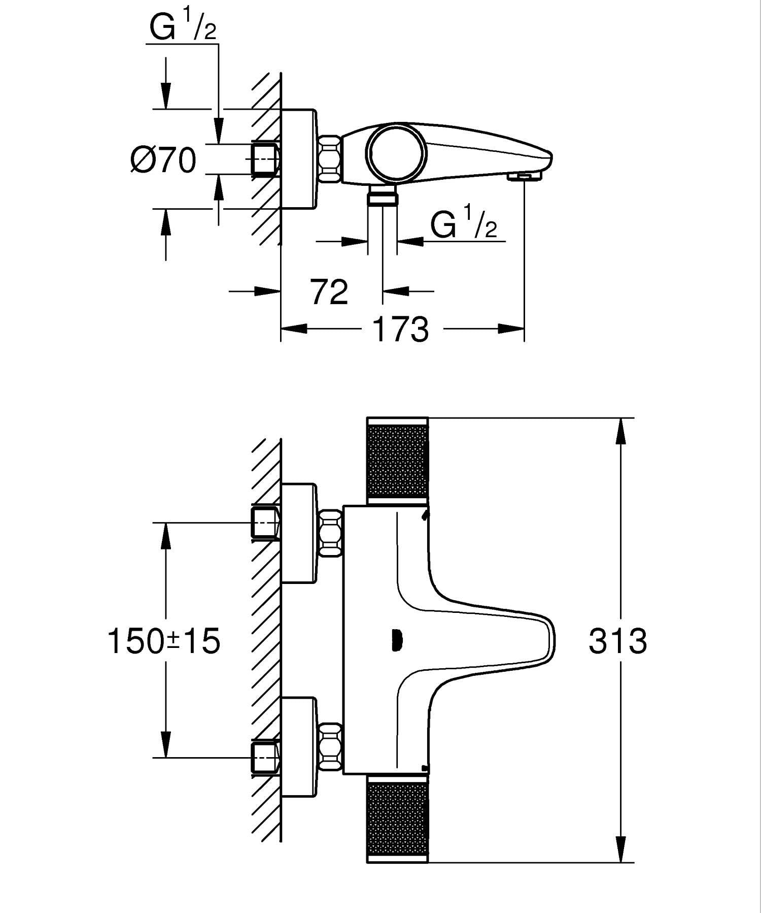 GROHE Mitigeur thermostatique douche Precision Feel, montage mural, indicateur de température, filtres intégrés, poignées métalliques, rosaces incluses, chromé, 34788000 (Import Allemagne)