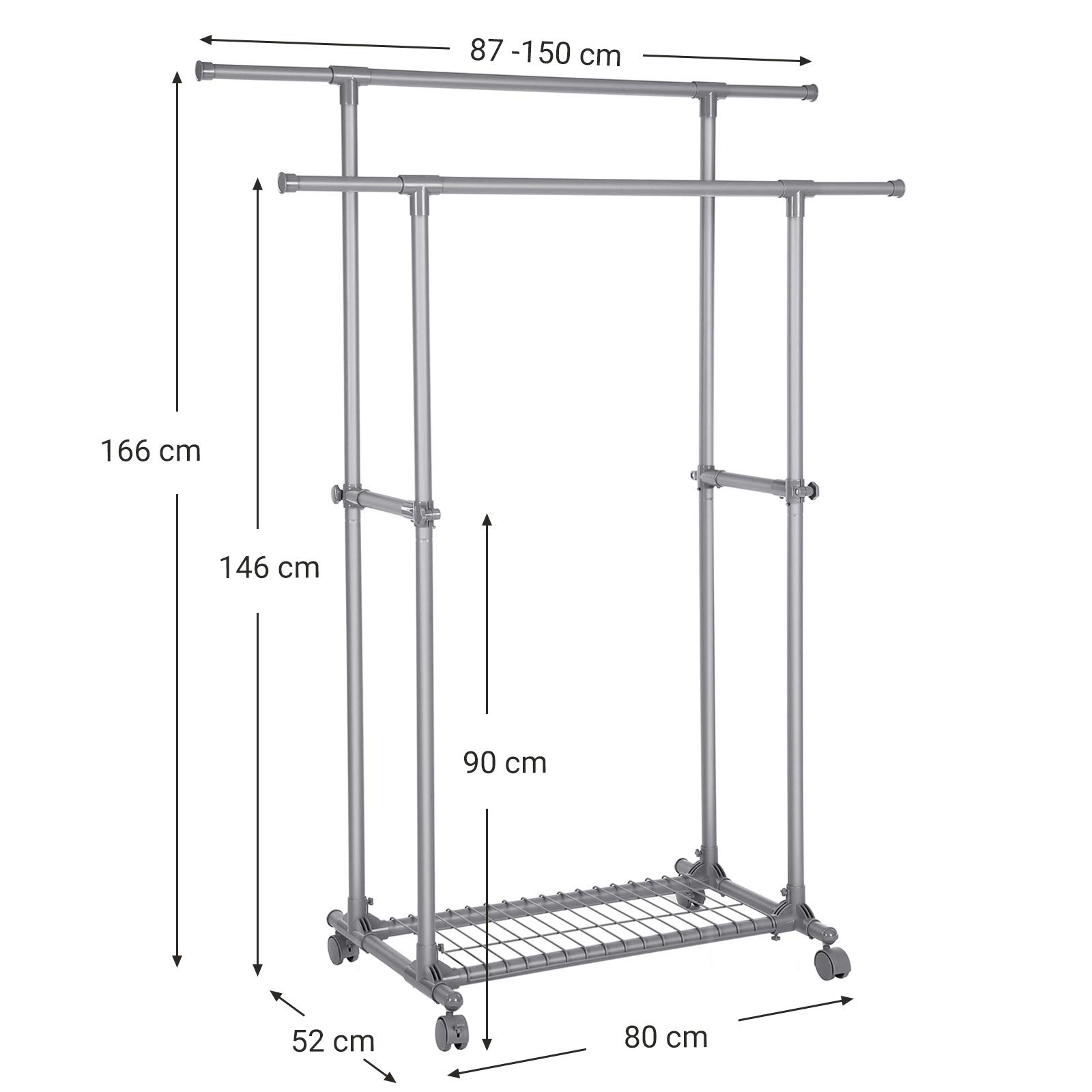 SONGMICS Wieszak na kółkach, wysuwany wieszak z podwójnym drążkiem, wieszak na ubrania, ładowność do 70 kg, (87-150) x 52 x 166 cm, na sukienki, koszule, garnitury, szary LLR13GY