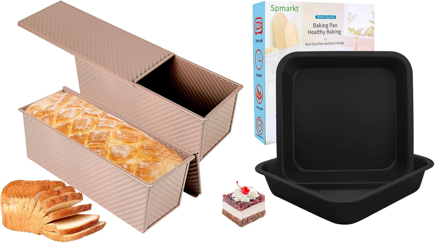 2-pack 2.2lb Gold Pullman Loaf Pan with Lid|2-Pack 8In Black Square Cake Pan