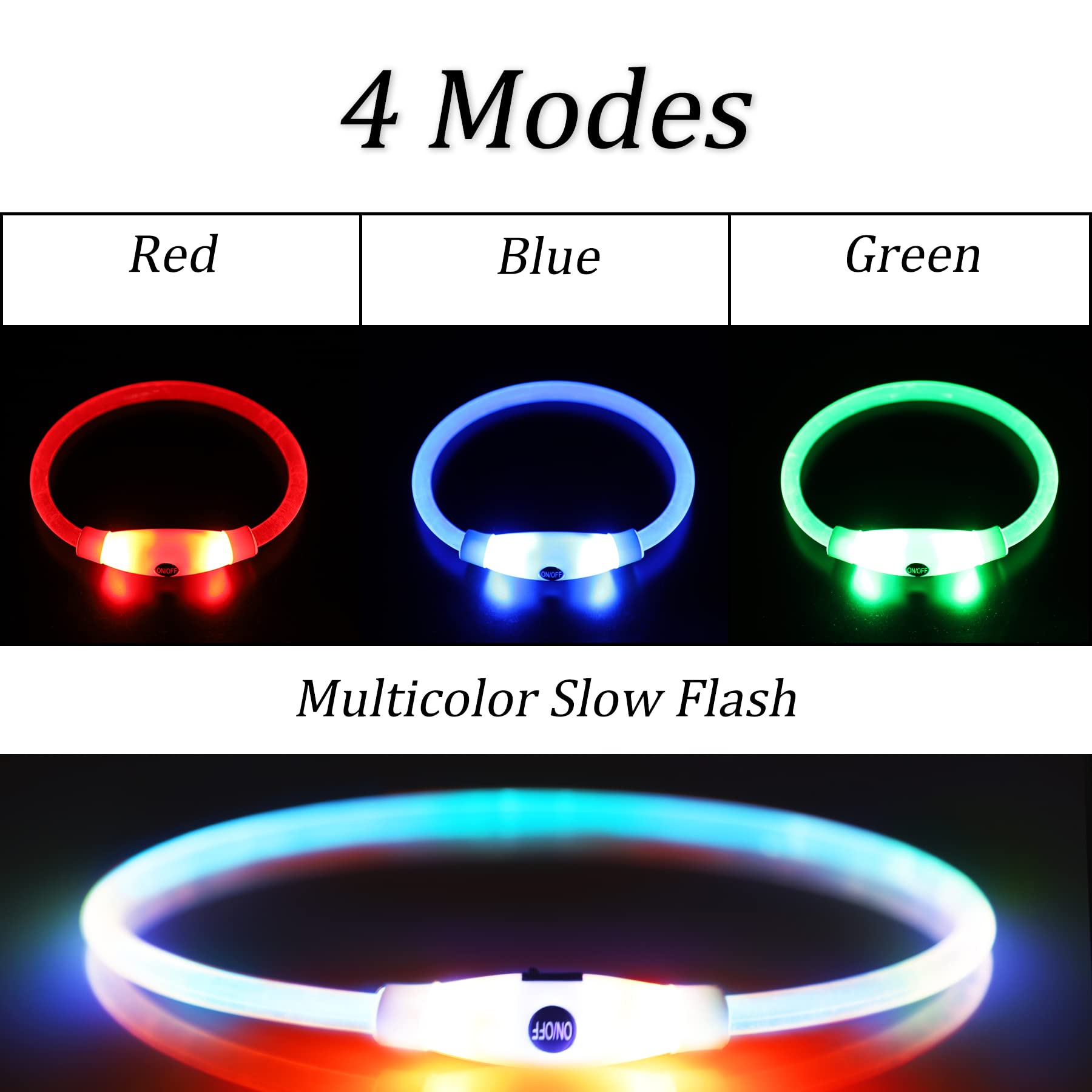 Coolzon Collare Luminoso per Cani 3 Colori Cambiano, USB Ricaricabile Impermeabile, Tagliabile LED Regolabile Adatto per Cani Gatti Taglia Piccola Media Grande